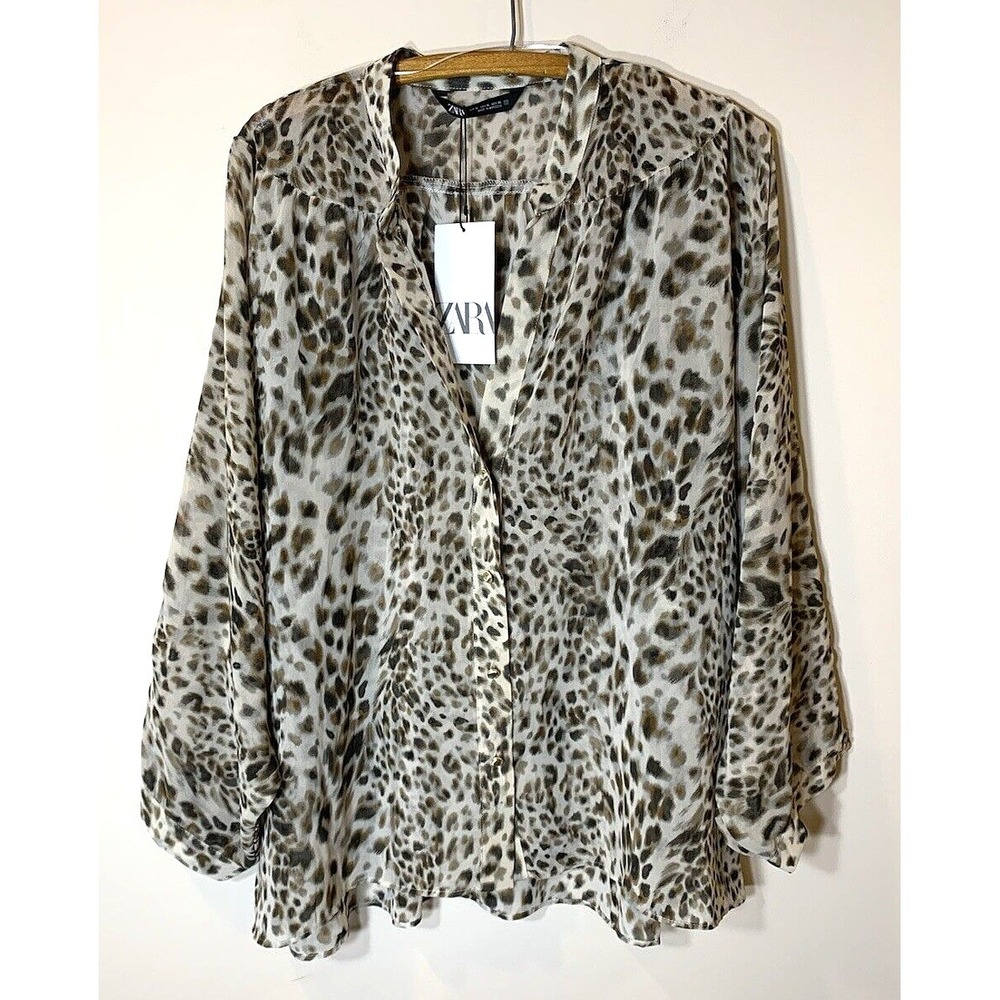 NEW Zara Blouse Womens XL Animal Print Sheer Flowy Chiffon Leopard